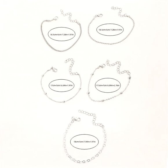 Bracelet 5pc Set Silver Heart Beads Box Chain Stylish Y2k Delicate Trendy Layer - Picture 4 of 4